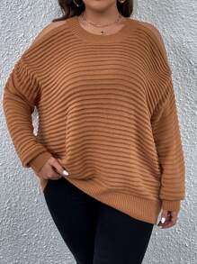 SHEIN LUNE 大碼挖肩蝙蝠袖套頭毛衣 - 駝色 - 查看 1