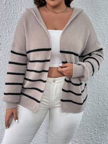 SHEIN LUNE 大碼條紋圖案落肩袖連帽開襟開衫 - 淺灰紫 - 查看 4