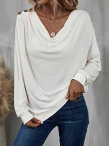 SHEIN LUNE Draped Collar Drop Shoulder Button Detail Sweatshirt - White - View 4