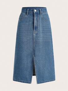SHEIN Frenchy Viền chia cắt Váy Denim - Rửa trung bình - Xem 1