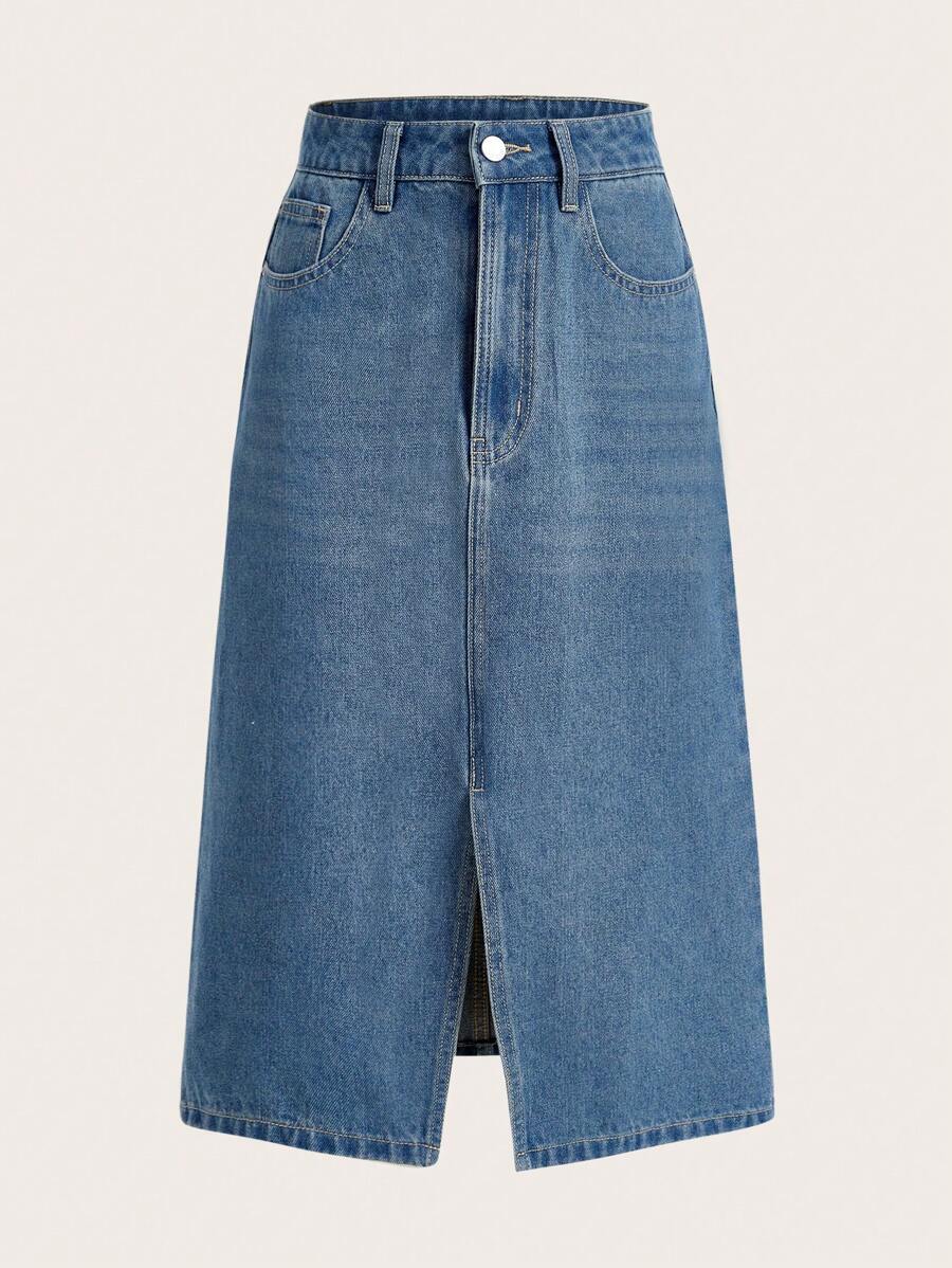SHEIN Frenchy Viền chia cắt Váy Denim - Rửa trung bình - Xem 1