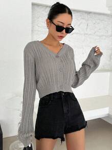 DAZY Cárdigan crop tejido de canalé con botón delantero - Gris - Ver 1