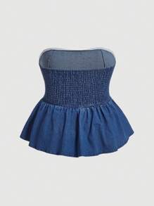 SHEIN MOD 大碼荷葉邊牛仔抹胸上衣 - 中等水洗藍 - 查看 2