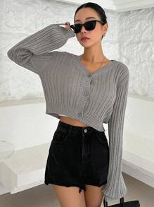 DAZY Cárdigan crop tejido de canalé con botón delantero - Gris - Ver 4