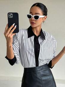 DAZY Striped Print Drop Shoulder Shirt - White - View 1