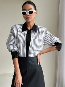 DAZY Striped Print Drop Shoulder Shirt - White - View 3