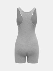 SHEIN Girlism Thiếu niên cô gái Thư được vá Đồ đan Ribbed Romper - Màu Xám nhạt - Xem 2