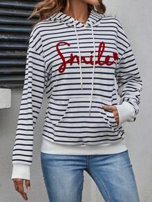 SHEIN LUNE Đồ họa sọc & chữ Túi kangaroo Thả vai Dây rút Hoodie - Đen và trắng - Xem 2