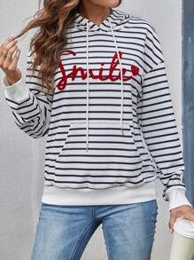 SHEIN LUNE Đồ họa sọc & chữ Túi kangaroo Thả vai Dây rút Hoodie - Đen và trắng - Xem 3
