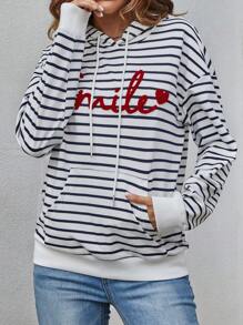 SHEIN LUNE Đồ họa sọc & chữ Túi kangaroo Thả vai Dây rút Hoodie - Đen và trắng - Xem 4