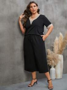 SHEIN LUNE 大碼蕾絲拼接T恤&闊腿褲 - 黑色 - 查看 3