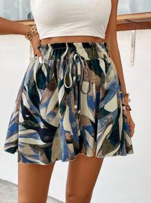 Breezaya Allover Print Paperbag Waist Knot Front Shorts - Blue - View 4