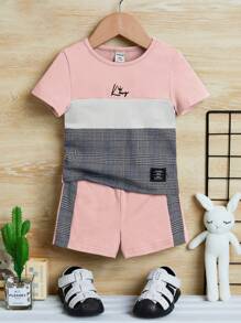 SHEIN 男嬰格紋&字母圖案T恤和短褲
