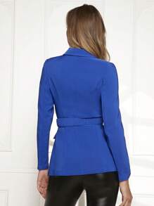 SHEIN Privé 1 Miếng Cổ bẻ Chi tiết về Flap Ngực đơn Áo vest Với thắt lưng - Xanh đậm - Xem 3