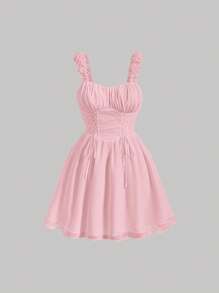 SHEIN MOD Hơn Lace lên phía trước Nếp gấp Phần Ngực Đầm - Màu Hồng baby - Xem 1