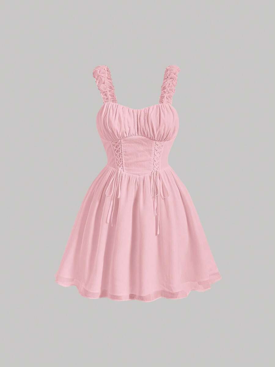 SHEIN MOD Hơn Lace lên phía trước Nếp gấp Phần Ngực Đầm - Màu Hồng baby - Xem 1