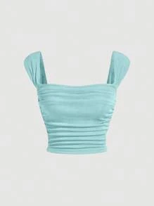 SHEIN MOD 素色褶邊短款寬肩帶上衣 - 薄荷藍 - 查看 1
