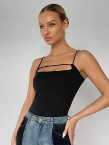 BizChic 女士纯色镂空无袖上衣，优雅商务休闲办公装，夏季基础款衬衫，适合外出、情人节派对等场合 - 黑色 - 查看 1