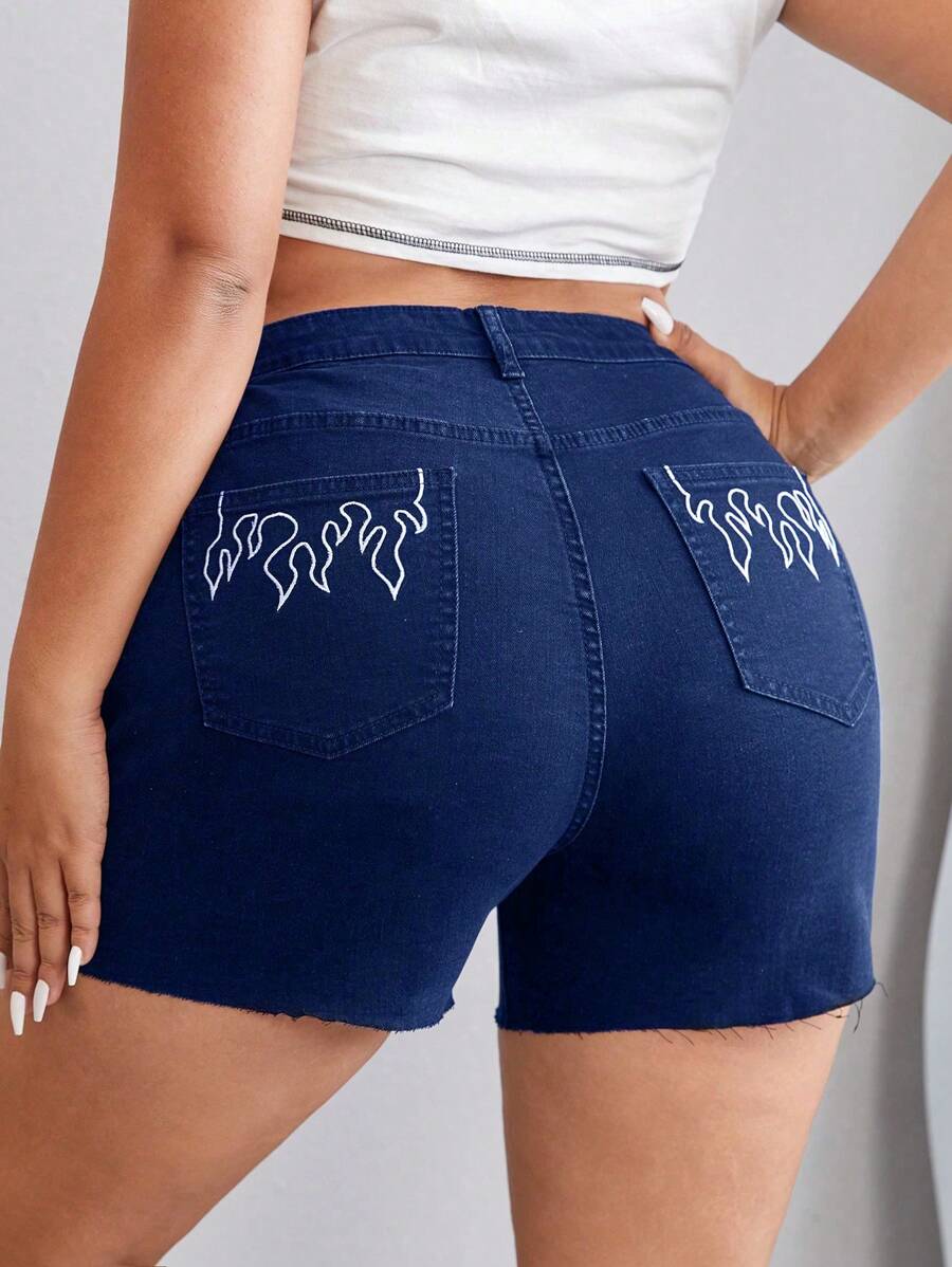 Plus Fire Embroidery Denim Shorts - Dark Wash - View 1