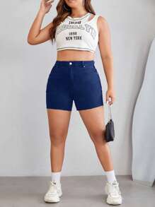 Plus Fire Embroidery Denim Shorts - Dark Wash - View 3