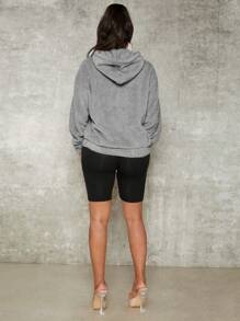 SHEIN SXY 秋冬纯色落肩泰迪熊连帽衫 - 灰色 - 查看 2