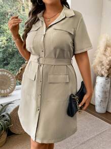 SHEIN LUNE 大碼翻蓋口袋腰帶襯衫洋裝 - 卡其色 - 查看 4