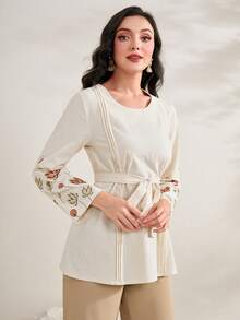 Mulvari Floral Embroidery Belted Blouse - Beige - View 4