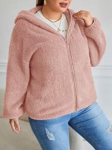 SHEIN LUNE Plus Zip Up Drop Shoulder Hooded Teddy Jacket, For Winter Fall Autumn