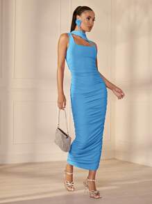 SHEIN BAE Figurbetontes Kleid mit Ausschnitt, Stehkragen, Rüschen, - Lichtblau - Übersicht 3