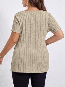 SHEIN Essnce Plus Split Hem Ribbed Knit Tee - Apricot - View 2
