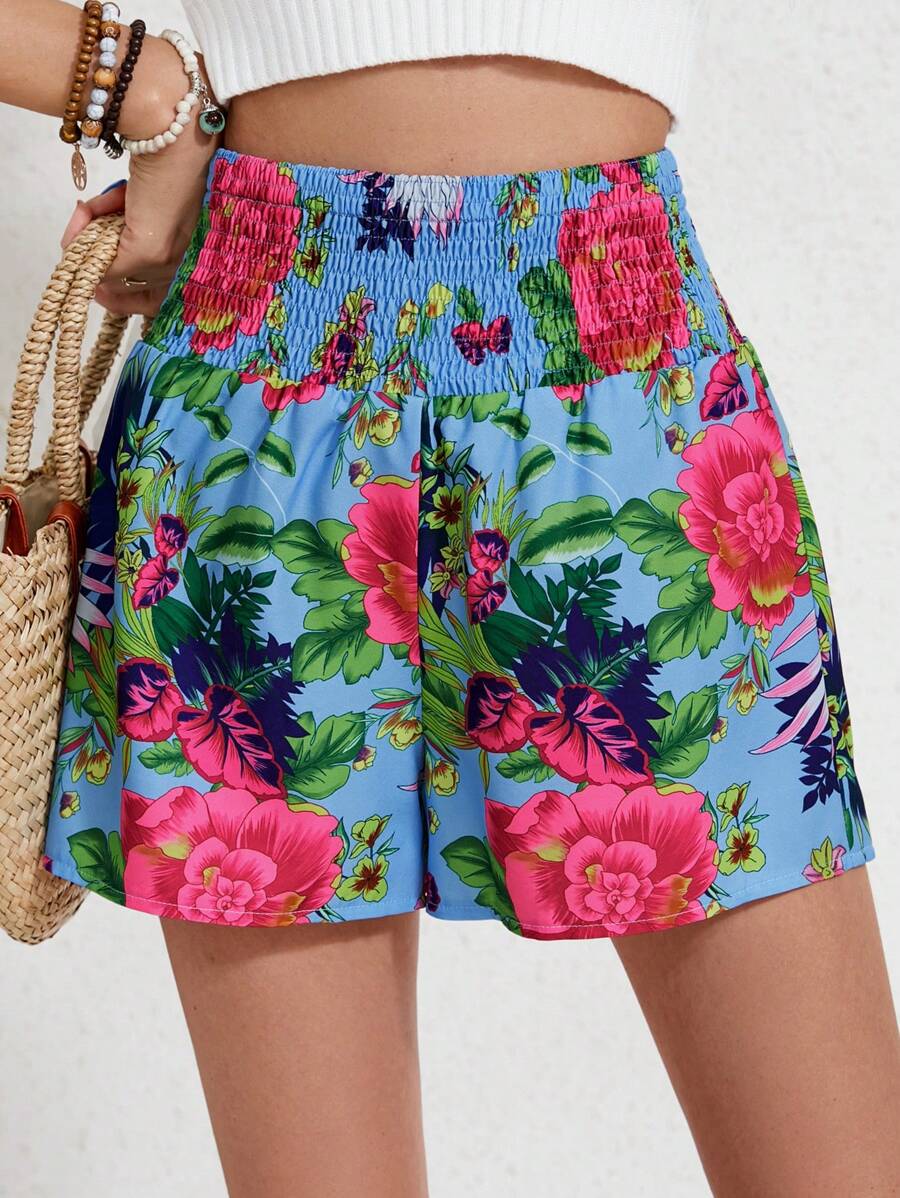 SHEIN VCAY Floral Print Wide Leg Shorts - Baby Blue - View 1