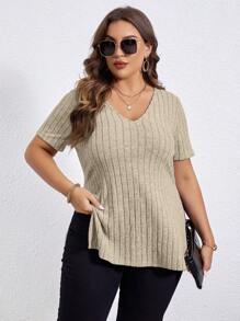 SHEIN Essnce Plus Split Hem Ribbed Knit Tee - Apricot - View 6