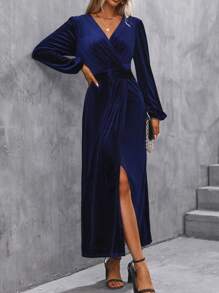 SHEIN Clasi 燈籠袖圍裹下擺絲絨連衣裙 - 藏蓝色 - 查看 4