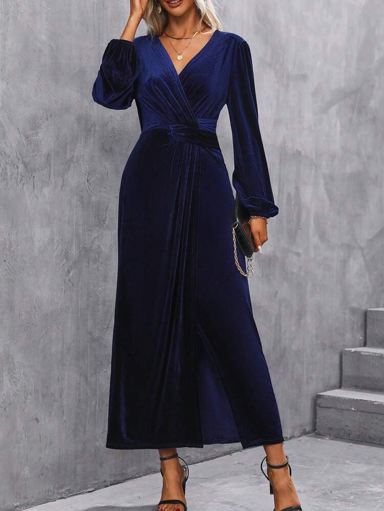 Lantern Sleeve Wrap Hem Velvet Dress Fall Cloth For Women