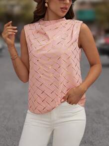 SHEIN Clasi Gold Geo Print Mock Neck Sleeveless Blouse - Khaki - View 4