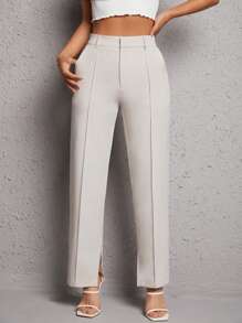 SHEIN PETITE Solid Split Hem Suit Trousers - Beige - View 1