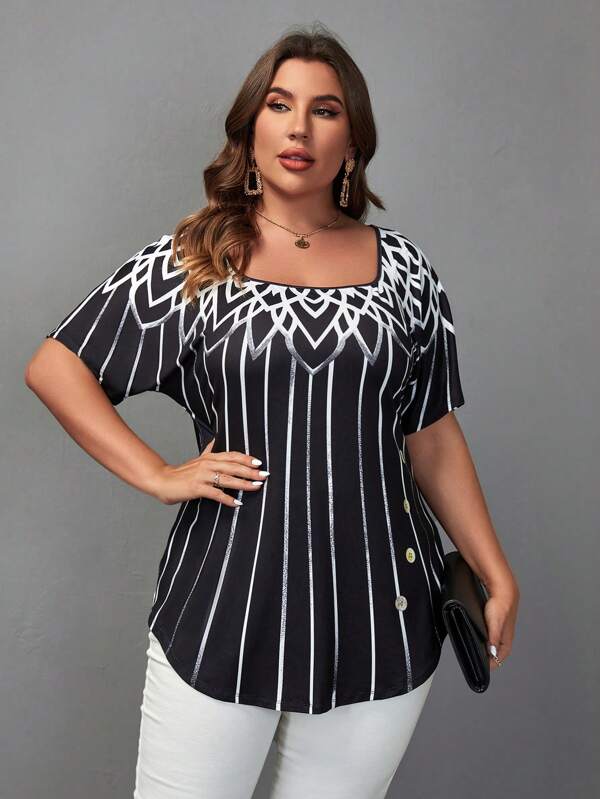 SHEIN Clasi Plus Striped Print Square Neck Tee, Summer