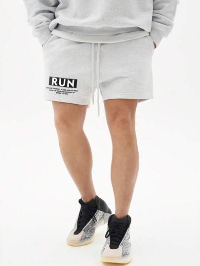 Street Sport 男士标语图案抽绳腰运动短裤