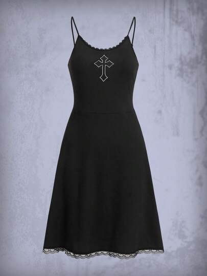 Goth Cross Embroidery Contrast Lace Cami Dress