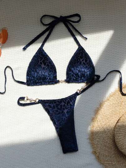 Swim Mod Summer Beach Leopard Jacquard Chain Linked Halter Triangle Bikini Set