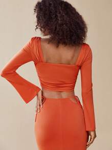SHEIN BAE Sweetheart Neck Ruched Front Crop Tee - Orange - View 2