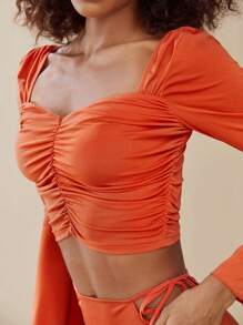SHEIN BAE Sweetheart Neck Ruched Front Crop Tee - Orange - View 4