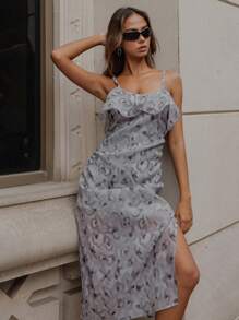 SHEIN Đầm suông hở đùi xẻ tà họa tiết xếp nếp toàn thân - Xám - Xem 4