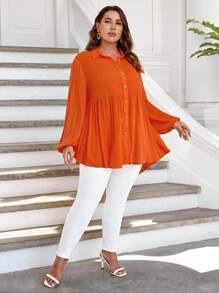 SHEIN LUNE 大碼素色前紐扣荷葉邊下擺襯衫 - 亮橙色 - 查看 4
