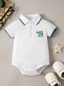 Baby Boy Cartoon Graphic Contrast Binding Polo Neck Bodysuit - White - View 1