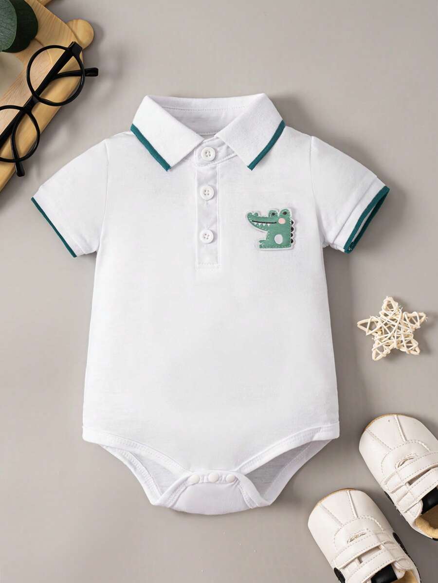 Baby Boy Cartoon Graphic Contrast Binding Polo Neck Bodysuit - White - View 1