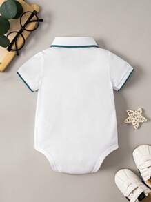 Baby Boy Cartoon Graphic Contrast Binding Polo Neck Bodysuit - White - View 2