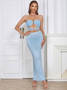 Cut Out O-ring Detail Tube Bodycon Dress - Blue - View 3