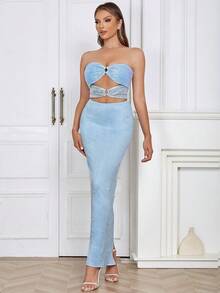 Cut Out O-ring Detail Tube Bodycon Dress - Blue - View 4