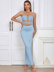 Cut Out O-ring Detail Tube Bodycon Dress - Blue - View 5